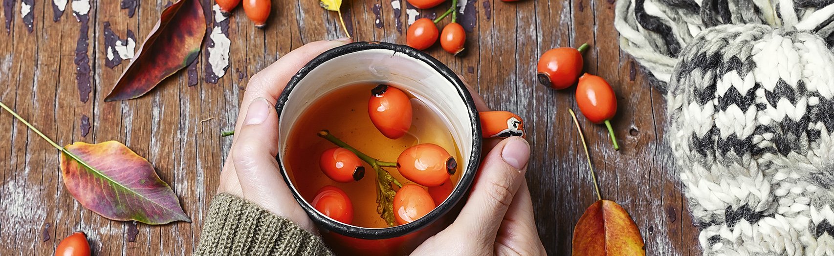 Cup of healing tea with autumn hips in his hands