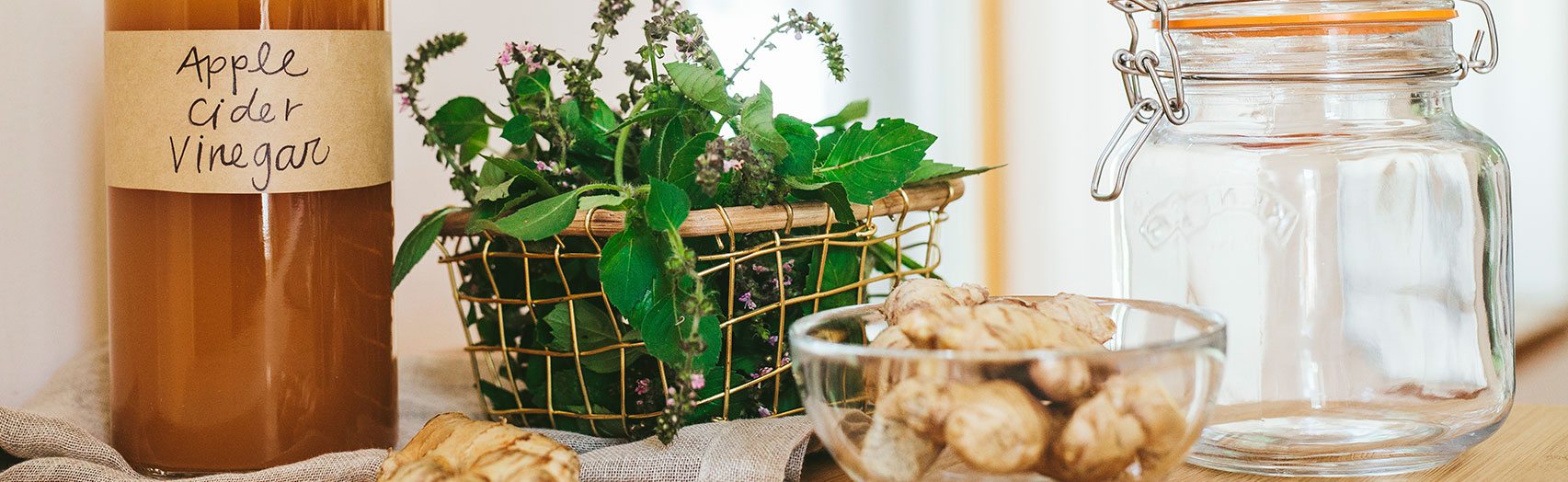 Apple Cider Vinegar, tulsi (aka Holy Basil) and ginger ingredients on counter