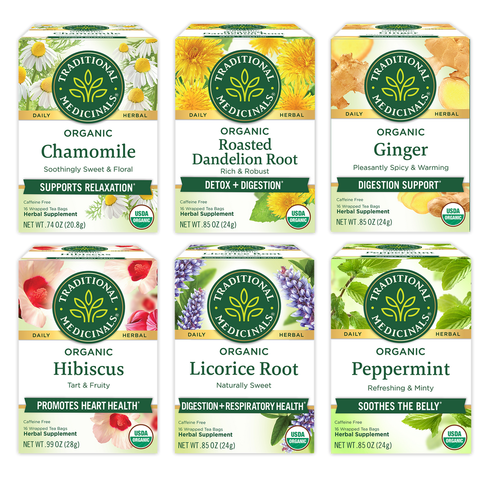 Chamomile (Supports Relaxation), Roasted Dandelion Root (Detox + Digestion), Ginger (Digestion Support), Hibiscus (Promotes heart health), Licorice Root (Digestion + respiratory Health), and Peppermint (Soothes the belly) packages