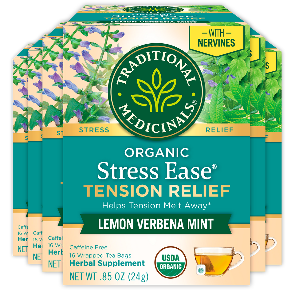 Box of Stress Ease® Tension Relief Tea with 16 wrapped tea bags, featuring skullcap for natural tension relief.