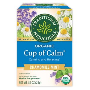 Traditional Medicinals logo. Relaxation. Wellness. Organic Cup of Calm. Calming and Relaxing. CHAMOMILE MINT. Caffeine Free. 16 Wrapped Tea Bags. Herbal Supplement. NET WT .85 OZ (24g). USDA ORGANIC logo. View 1