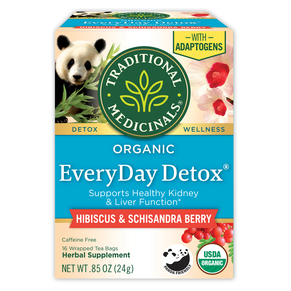 Packaging of Traditional Medicinals organic EveryDay Detox Hibiscus & Schisandra Berry tea with imagery of hibiscus flowers, berries, and a panda.