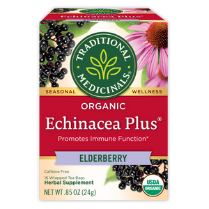 Traditional Medicinals logo. Seasonal. Wellness. Organic Echinacea Plus. Promotes Immune Function. ELDERBERRY. Caffeine Free. 16 Wrapped Tea Bags. Herbal Supplement. NET WT .85 OZ (24g). USDA ORGANIC logo View 1
