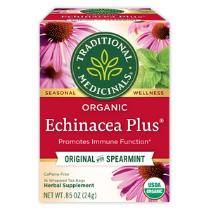 Traditional Medicinals logo. Seasonal. Wellness. Organic Echinacea Plus. Promotes Immune Function. Original with Spearmint. Caffeine Free. 16 Wrapped Tea Bags. Herbal Supplement. NET WT .85 OZ (24g). USDA ORGANIC logo View 1