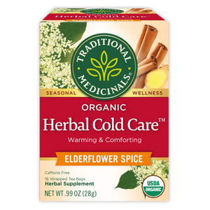 Traditional Medicinals logo. Seasonal. Wellness. Organic Herbal Cold Care. Warming & Comforting. Elderflower Spice. Caffeine Free. 16 Wrapped Tea Bags. Herbal Supplement. NET WT .99 OZ (28g). USDA ORGANIC logo View 1