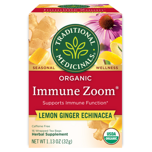 Traditional Medicinals logo. Seasonal. Wellness. Organic Immune Zoom. Supports Immune Function. Lemon Ginger Echinacea. Caffeine Free. 16 Wrapper Tea Bags. Herbal Supplement. NET WT 1.13 OZ (32g). USDA ORGANIC logo View 1