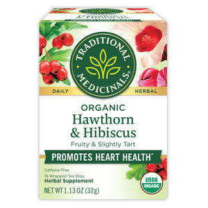 Traditional Medicinals logo. Daily. Herbal. Organic Hawthorn & Hibiscus. Fruity & slightly Tart. Promotes Heart Health. Caffeine Free. 16 Wrapped Tea Bags. Herbal Supplement. NET WT 1.13 OZ (32g). USDA ORGANIC logo View 1
