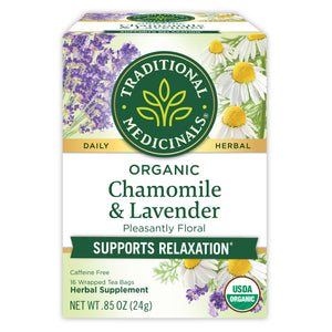 Traditional Medicinals logo. Daily Herbal. Organic Chamomile & Lavender. Pleasantly Floral. Supports Relaxation. Caffeine Free. 16 Wrapped Tea Bags. Herbal Supplement. NET WT .85 OZ (24g). USDA ORGANIC logo. View 1