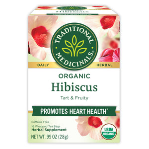 Traditional Medicinals logo. Daily. Herbal. Organic Hibiscus. Tart & Fruity. Promotes Heart Health. Caffeine Free. 16 Wrapped Tea Bags. Herbal Supplement. NET WT .99 OZ (28g). USDA ORGANIC logo View 1