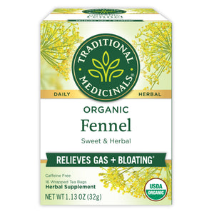 Traditional Medicinals logo. Daily. Herbal. Organic Fennel. Sweet & Herbal. Relieves gas + Bloating. Caffeine Free. 16 Wrapper Tea Bags. Herbal Supplement. NET WT 1.13 OZ (32g). USDA ORGANIC logo View 1