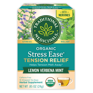 Box of Stress Ease® Tension Relief Tea with floral graphics, crafted for effective tension relief featuring soothing skullcap. View 1