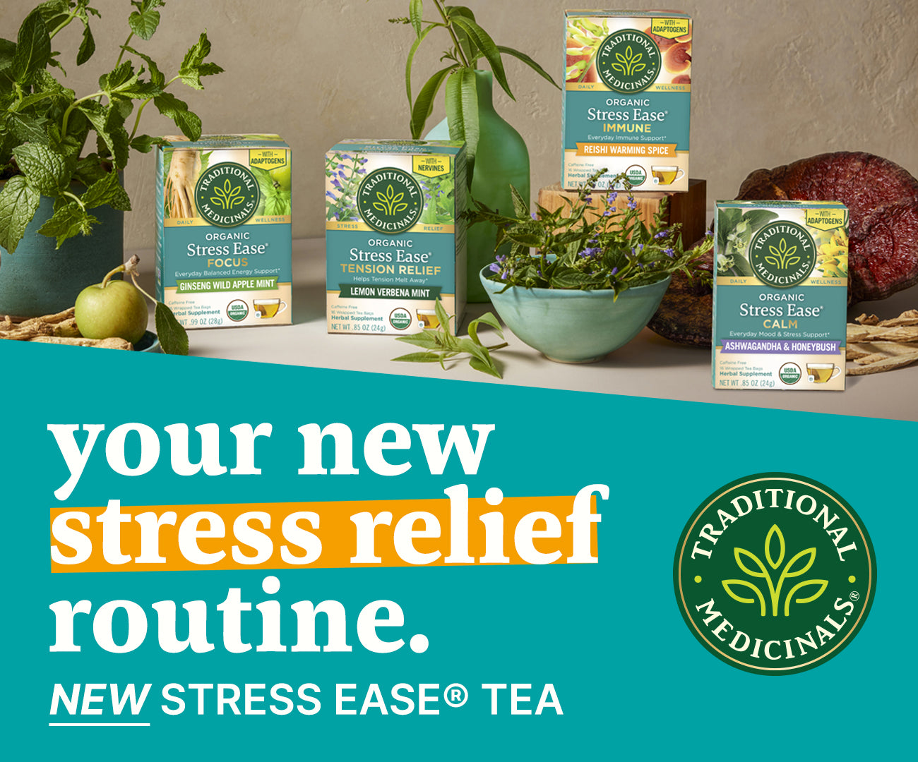Your New Stress Relief Routine. New Stress Ease® tea from Traditional Medicinals.