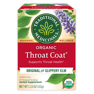 Traditional Medicinals logo. Seasonal. Wellness. Organic Throat Coat. Supports Throat Health*. Original with Slippery ELM. Caffeine Free. 16 Wrapped Tea Bags. Herbal Supplement. NET WT 1.13 OZ (32g) View 1