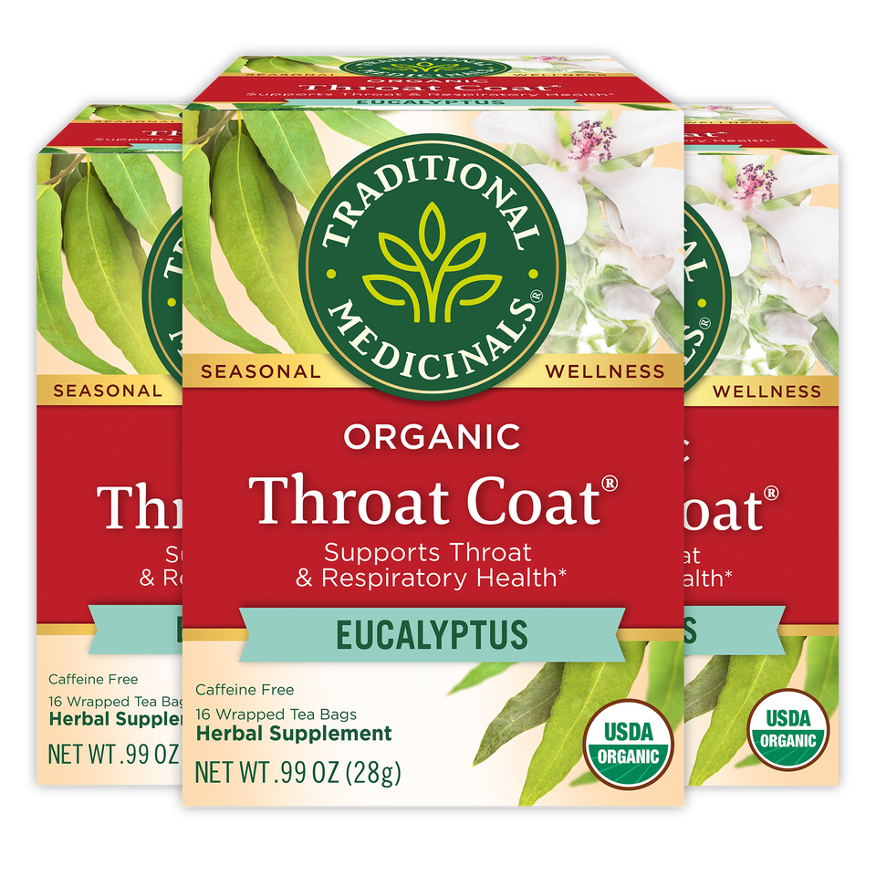 Box of Throat Coat® Eucalyptus Tea by Traditional Medicinals, promoting throat health and respiratory wellness through herbal medicine.
