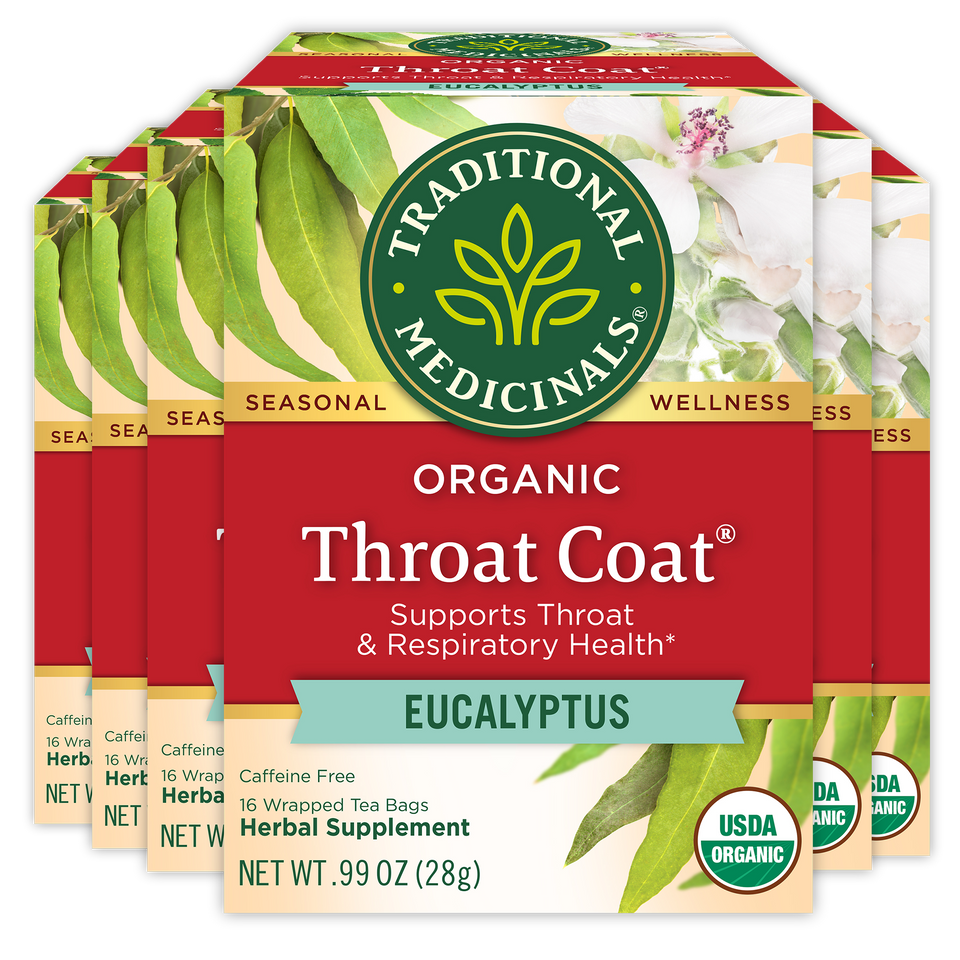 A collection of Throat Coat® Eucalyptus Tea boxes, highlighting the herbal medicinal benefits for throat health.