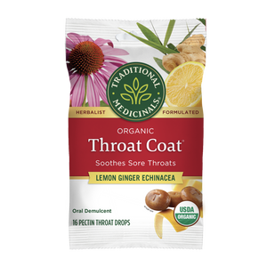 Packaging of Throat Coat Lemon Ginger Echinacea Lozenges with images of a lemon, ginger root, and an echinacea flower. The product is marked as USDA Organic. View 1