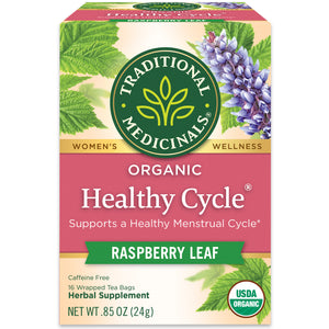 Traditional Medicinals logo. Women's. Wellness. Organic Healthy Cycle. Supports a Healthy Menstrual Cycle. Raspberry Leaf. Caffeine Free 16 Wrapped Tea Bags. Herbal Supplement. NET WT .85 OZ (24g). USDA ORGANIC logo View 1