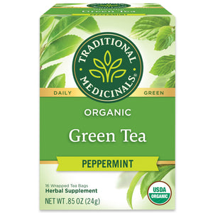 Traditional Medicinals logo. Daily. Green. Organic Green Tea Peppermint. 16 Wrapped Tea Bags. Herbal Supplement. NET WT .85 OZ (24g). USDA ORGANIC logo View 1
