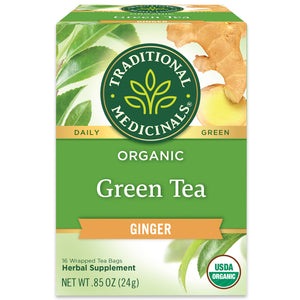 Traditional Medicinals logo. Daily. Green. Organic Green Tea Ginger. 16 Wrapped Tea Bags. Herbal Supplement. NET WT .85 OZ (24g). USDA ORGANIC logo View 1