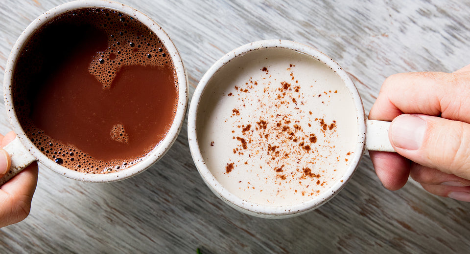 Peppermint hot cocoa and nog in mugs