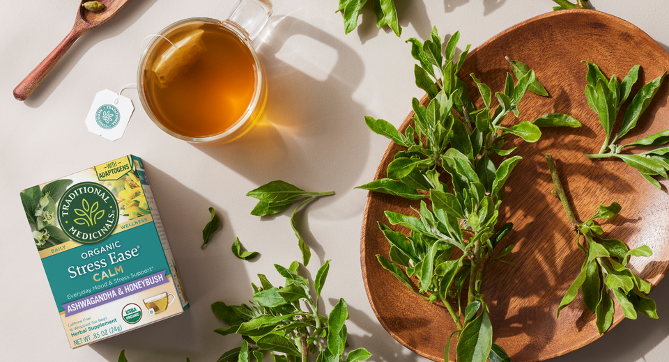Stress Ease Calm tea box with tea cup and herbs overhead