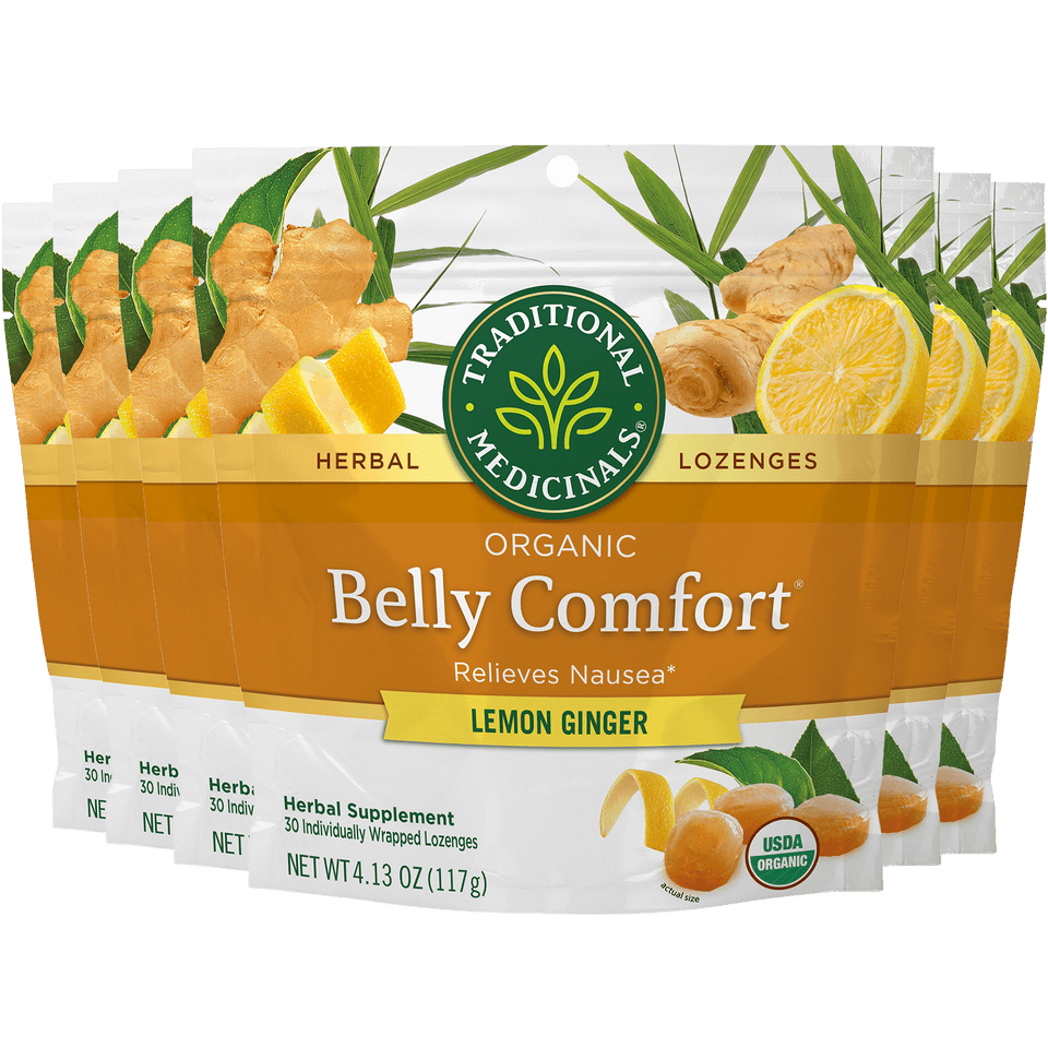 Packaging of Traditional Medicinals Belly Comfort Lemon Ginger lozenges with lemon and ginger imagery.