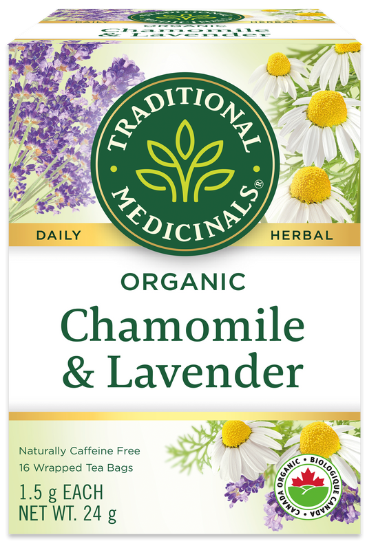 Box of Traditional Medicinals Organic Chamomile & Lavender tea with floral graphics.