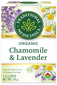 Box of Traditional Medicinals Organic Chamomile & Lavender tea with floral graphics. View 1