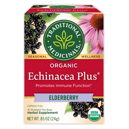 Traditional Medicinals logo. Seasonal. Wellness. Organic Echinacea Plus. Promotes Immune Function. ELDERBERRY. Caffeine Free. 16 Wrapped Tea Bags. Herbal Supplement. NET WT .85 OZ (24g). USDA ORGANIC logo