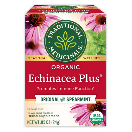 Traditional Medicinals logo. Seasonal. Wellness. Organic Echinacea Plus. Promotes Immune Function. Original with Spearmint. Caffeine Free. 16 Wrapped Tea Bags. Herbal Supplement. NET WT .85 OZ (24g). USDA ORGANIC logo