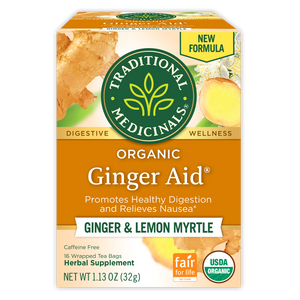 Box of Traditional Medicinals Organic Ginger Aid tea with ginger and lemon myrtle flavor on a white background. View 1
