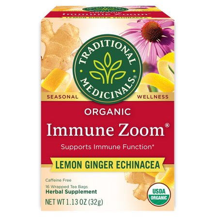 Traditional Medicinals logo. Seasonal. Wellness. Organic Immune Zoom. Supports Immune Function. Lemon Ginger Echinacea. Caffeine Free. 16 Wrapper Tea Bags. Herbal Supplement. NET WT 1.13 OZ (32g). USDA ORGANIC logo