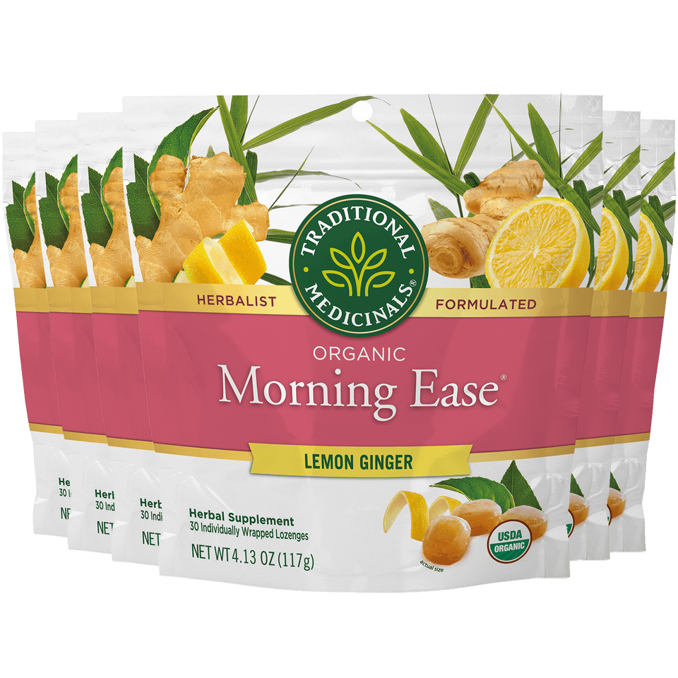 Packaging of Traditional Medicinals Organic Morning Ease Lemon Ginger herbal supplement.