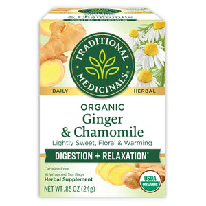 Traditional Medicinals logo. Daily. Herbal. Organic Ginger & Chamomile. Lightly Sweet, Floral & Warming. Digestion + Relaxation. Caffeine Free. 16 Wrapped tea Bags. Herbal Supplement. NET WT .85 OZ (24g). USDA ORGANIC logo View 1