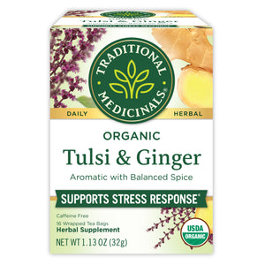 Discover the calming blend of Tulsi & Ginger Tea by Traditional Medicinals, designed to offer gentle stress relief. Savor the delightful mix of ginger's warmth with refreshing tulsi, an ideal choice for a soothing day. View 1