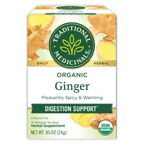 Traditional Medicinals logo. Daily. Herbal. Organic Ginger. Pleasantly Spicy & Warming. Digestion Support. Caffeine Free. 16 Wrapper Tea Bags. Herbal Supplement. NET WT .85 OZ (24g). USDA ORGANIC logo View 1