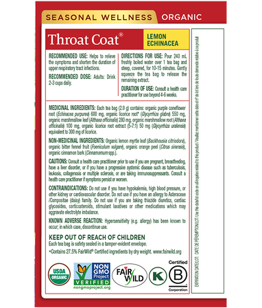 Organic Throat Coat® Lemon Echinacea Tea (Canada)