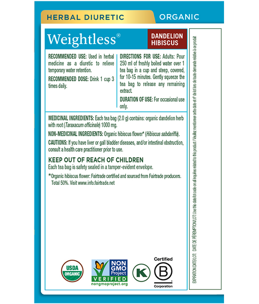 Herbal diuretic tea package with label and certification logos.