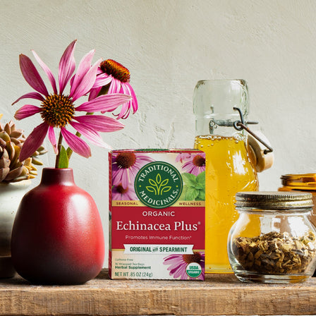 A box of Echinacea Plus® Elderberry Tea, adorned with pink flowers, honey, and herbs, sits invitingly on a wooden table, highlighting its organic blend designed to support the immune system.