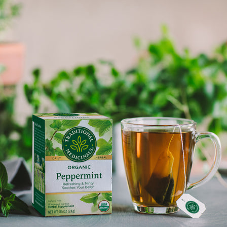 A box of Peppermint Tea is placed beside a glass mug filled with brewed tea, resting on a table against a backdrop of lush greenery. Ideal for soothing digestive discomfort, this setup invites tranquility and relaxation.