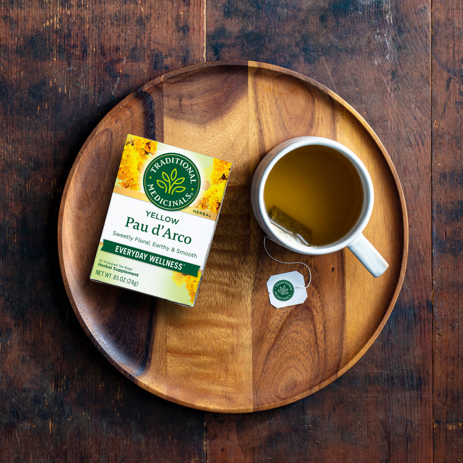 Pau d'Arco Tea Everyday Wellness with a cup of tea on a round tray View 2