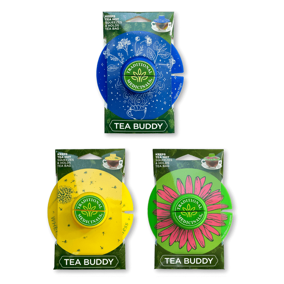 Three packages of Tea Buddy products with colorful designs 