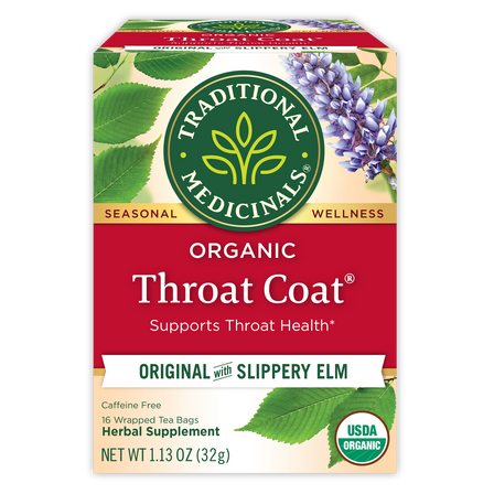 Traditional Medicinals logo. Seasonal. Wellness. Organic Throat Coat. Supports Throat Health*. Original with Slippery ELM. Caffeine Free. 16 Wrapped Tea Bags. Herbal Supplement. NET WT 1.13 OZ (32g)