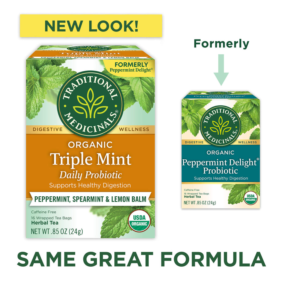 Triple Mint Daily Probiotic Tea- New Look VS former look.- Same Great Formula View 2