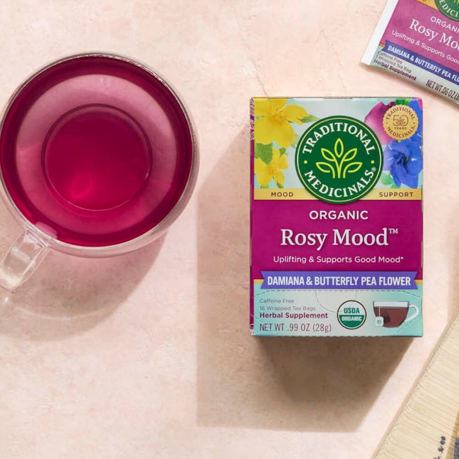 Traditional Medicinals Organic Rosy Mood tea brewed