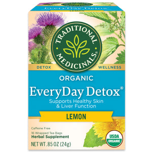 Traditional Medicinals logo. Detox. Wellness. Organic EveryDay Detox. Supports Healthy Skin & Liver Function. Lemon. Caffein Free. 16 Wrapped Tea Bags. Herbal Supplement. NET WT .85 OZ (24g). USDA ORGANIC logo View 1